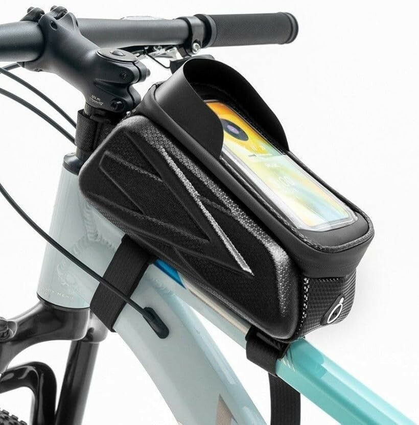 自転車 トップチューブバッグ スマホホルダー 防水 フレームバッグ 6.8インチ対応 TPUタッチスクリーン 遮光 大容量 ロードバイク クロスバイク 取付簡単 (黒, 約25x10x9cm)