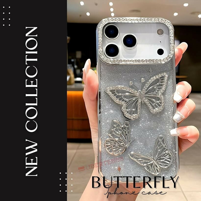 スマホケース ギャル キラキラ 地雷系 韓国 可愛い (バタフライ シルバー, 17PROMAX)