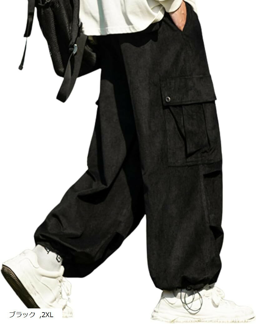 ニンファエア メンズ コーデュロイパンツ ファッション カーゴパンツ 秋冬 リラックスパンツ ウエストゴム 裾ゴム 柔らかい ワイド ゆったり (ブラック, 2XL)