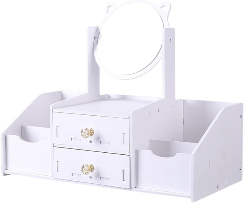 ドレッサー 猫耳 かわいい 卓上 鏡付き メイク台 コンパクト ミラー (ホワイト, ワンサイズ)