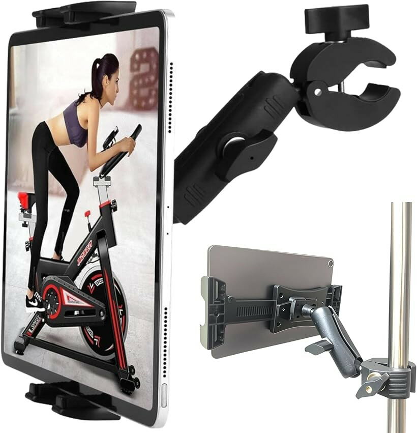 タブレットホルダー 回転式 クリップ固定 スタンド対応 iPad 13インチ 三脚 マイク フィットネス向け 多用途 (ブラック)