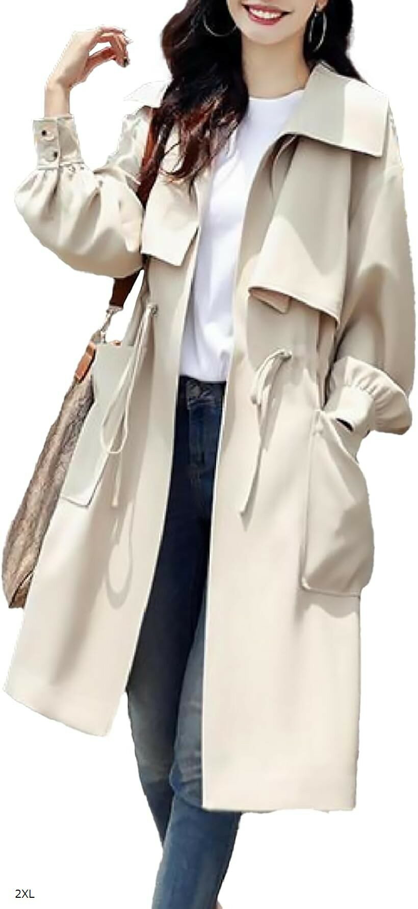 アウター レディース 春 カジュアル ロングコート トレンチコート 上着 羽織りもの 長袖 ジャケット ビジネス スプリング 秋 (ベージュ, 2XL)