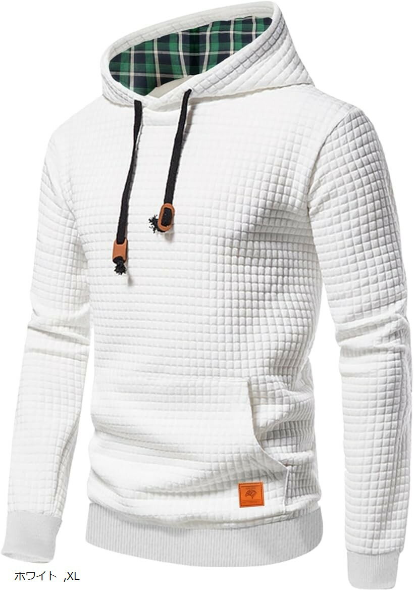 メンズ パーカー 薄手 ジャカード フード付き スウェット プルオーバー 秋服 長袖 ゆったり 立体デザイン カジュアル トップス (ホワイト, XL)
