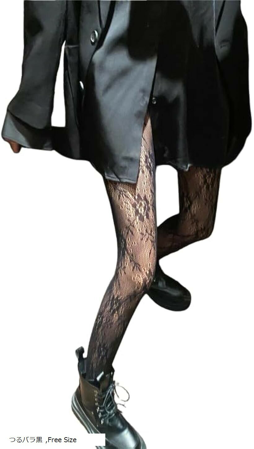 レースタイツ 柄タイツ 柄ストッキング ハロウィン (つるバラ黒, Free Size)