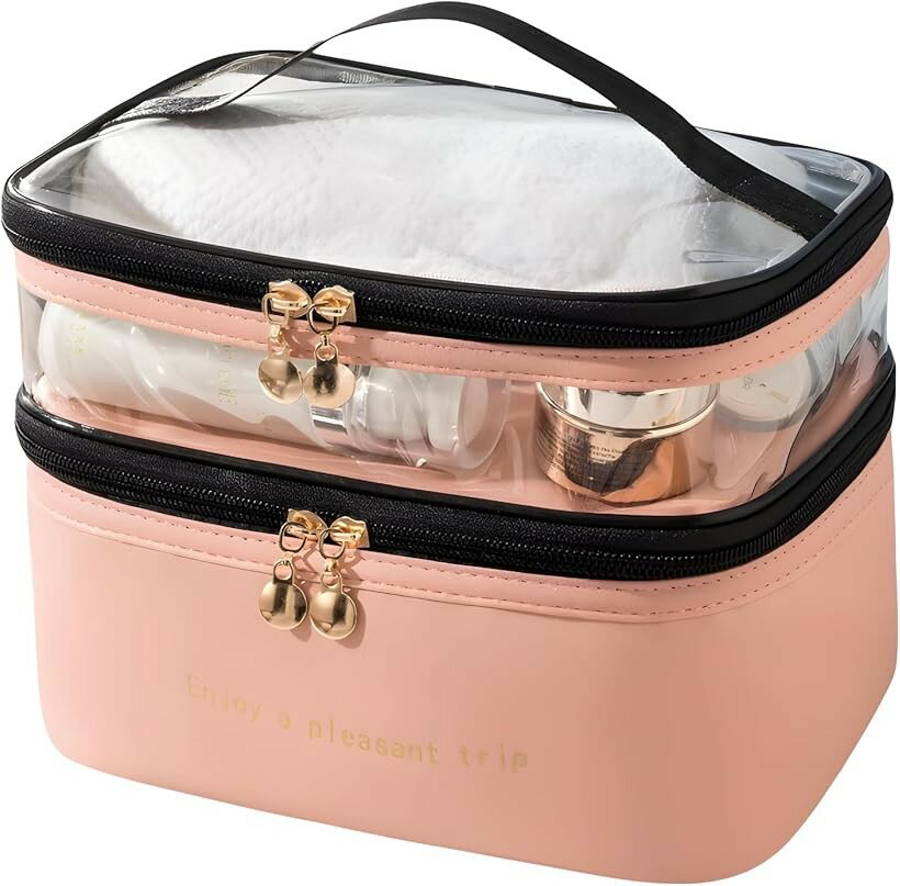 Vanity Bags - 化粧ポーチ 大容量 メイクポーチ コスメポーチ 旅行用 二層 防水 (ピンク)