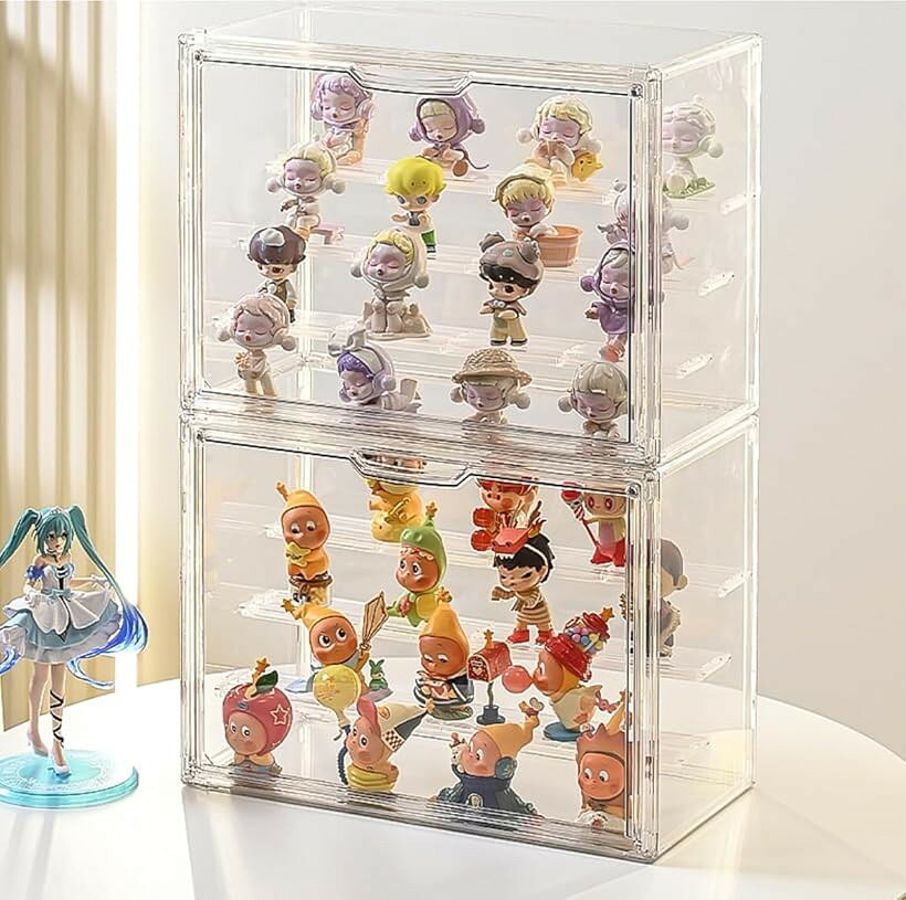 フィギュアケース 2個セット幅36x奥行17.7x高さ27cm UVカット 透明展示ケース アクリル 収納ボックス コレクションケース 取り外し可能な仕切り板 積み重ね可能 マグネット式扉ショーケース 組み立て簡単 (ホワイト, 大容量)