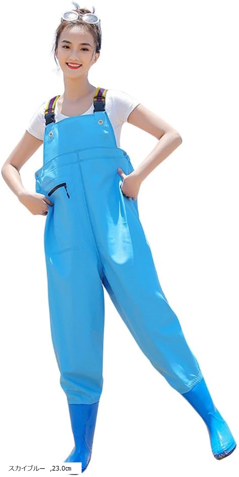 Wear - 女性用 ウェーダー チェストハイウェーダー レディース 胴付き長靴 可愛い お洒落 ショルダーベルト 防水 怪我防止 釣り用スーツ 潮干狩り ポケット付き (スカイブルー, 23.0cm)