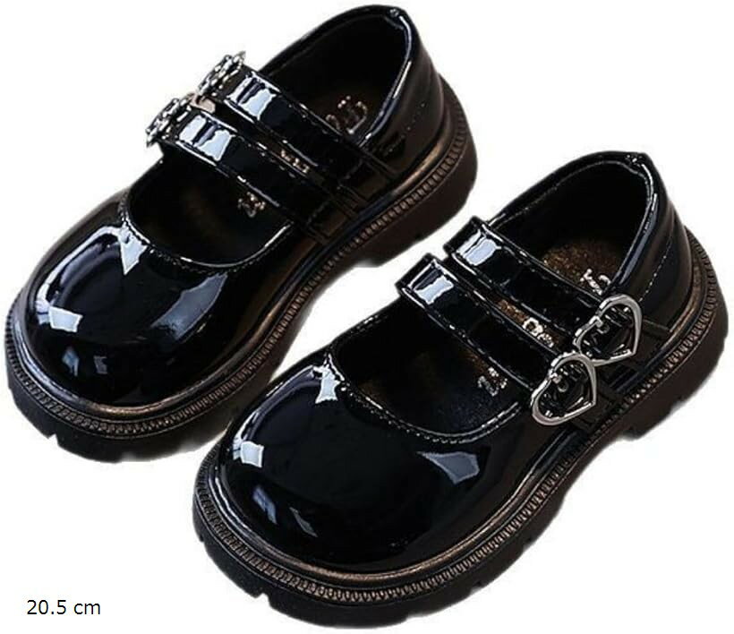 キッズダブルストラップシューズ 女の子ドレスシューズ ガールズプリティーシューズ 女の子用フォーマルしゅーず セレモニーローファー リングガール キュート 革靴 (A.エナメルブラック, 20.5 cm)
