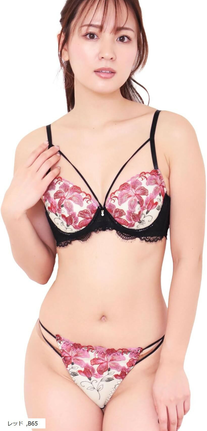 ブラジャー ショーツ 女性 下着 上下 セット 花柄 刺繍 Uバック 脇高 レース ライン ストリング (レッド, B65)