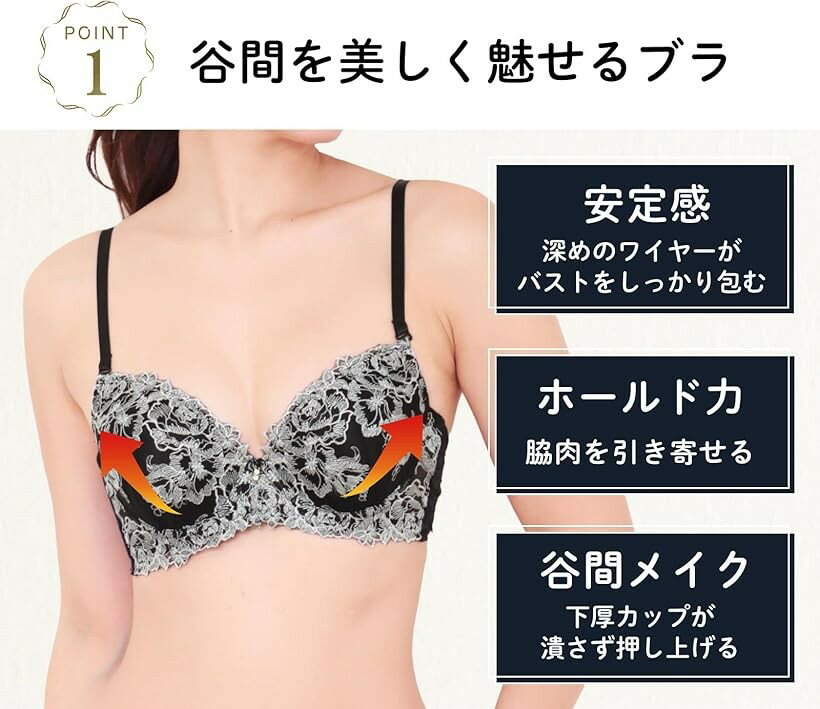 ブラジャー ショーツ 女性 下着 上下 セット 花柄 刺繍 エレガント ロージー 谷間メイク レースバック レディース (ブラック, B70)