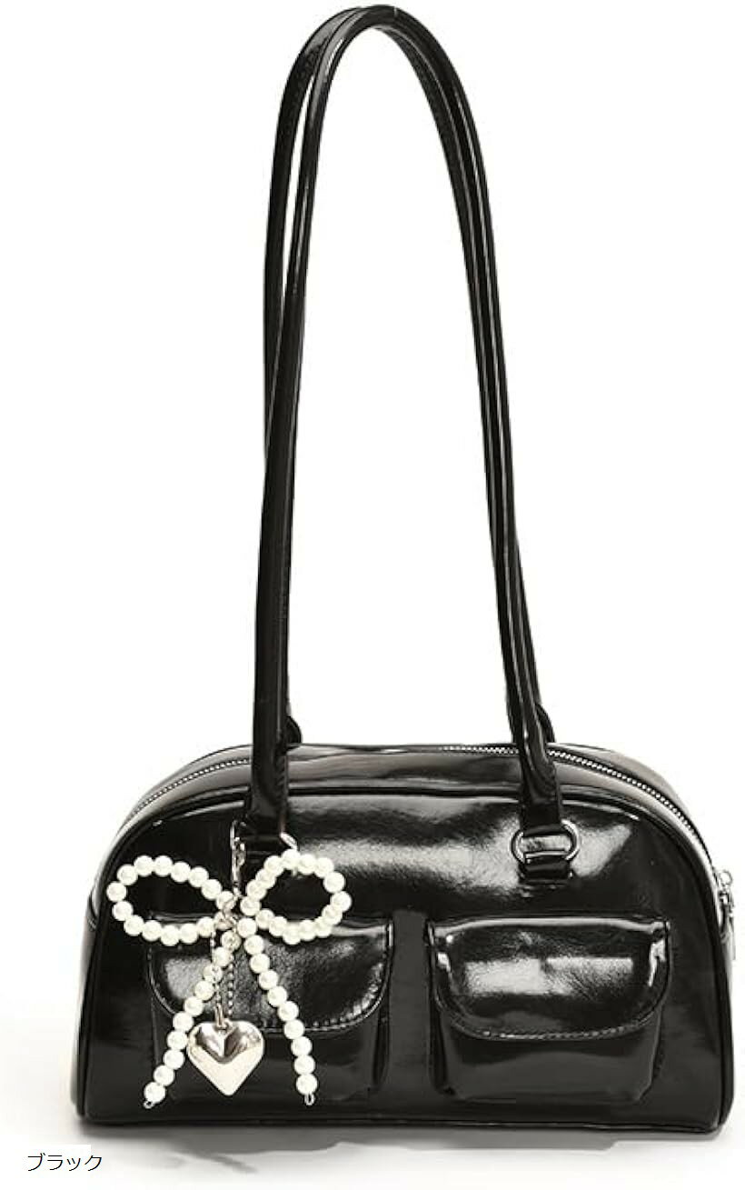ミニボストンバッグ y2k ハンドバッグ ショルダーバッグ リボン レディース 横長 大容量 肩掛け (ブラック)