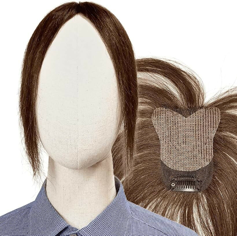 ピンなし 部分ウィッグ 頭頂部 白髪隠し ピン不要 リタッチ 分け目 人毛100% ヘアピース 女性用 手植え トップピース つけ毛 増毛 軽量 自然 (ナチュラルブラウン，前髪未カット, 7x10cm， ピン付き)