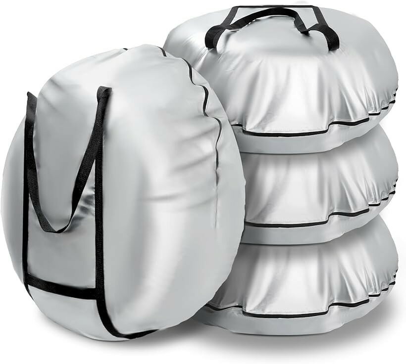 タイヤカバー 屋外 防水 420D タイヤ収納 厚手 ハンドル付き 劣化 UVカット 汚れ防止 防犯 耐久 雨雪対応 全季節対応 タイヤ保管カバー 軽自動車 収納袋付き (銀色-4枚, L(80x40cm))