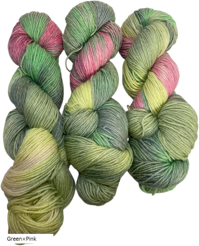 Woolen Yarns - ラブピーシー ソックヤーン 毛糸 靴下用 編み物 マフラー あみぐるみ 手芸 かぎ編み ハンドメイド とじ編み 手編み ウール ソックスヤーン (GreenxPink, 270m 3個セット)