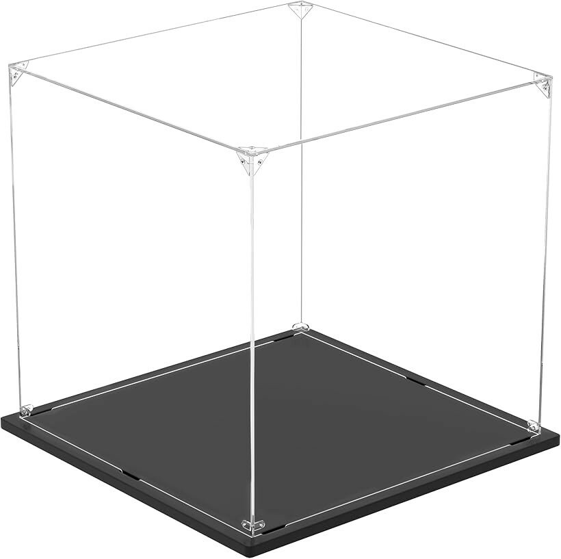 Showcases - フィギュアケース アクリルケース UVカット コレクションケース ディスプレイケース 組み立て簡単 頑丈 汚れ防止 手袋 クリーニングクロス付き (台座黒+透明ケース, 幅25x奥行25x高さ25cm)