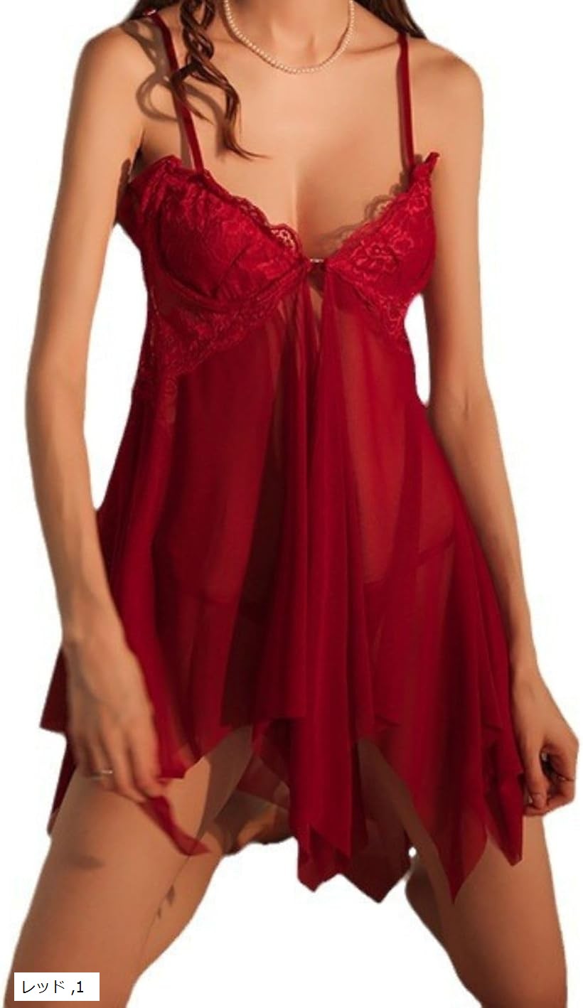ランジェリー セクシー下着 ネグリジェ ベビードール レース柄 透ける コスプレ cosplay 仮装 レディース 寝巻き サイド結び ショーツ付 (レッド)