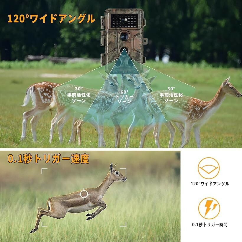 トレイルカメラ 1296P 人感センサー 6400万画素 防犯カメラ 野生動物監視カメラ 暗...