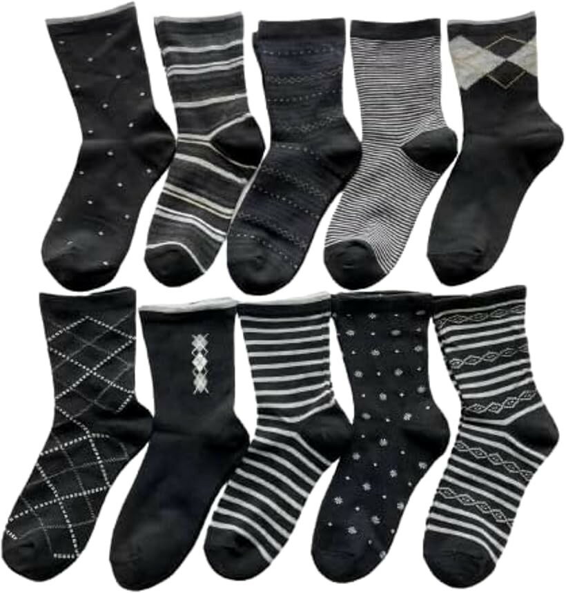 ソックス レディース かわいい モノトーン柄 口ゴムなし おしゃれ 靴下 綿混 お買得10足セット C42 (ブラック/グレー, 23.0-25.0 cm)