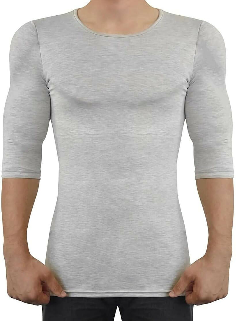 着るだけで筋肉 マッチョtシャツ パッド付き 縫い目ゼロ 五分袖 (グレー, L)
