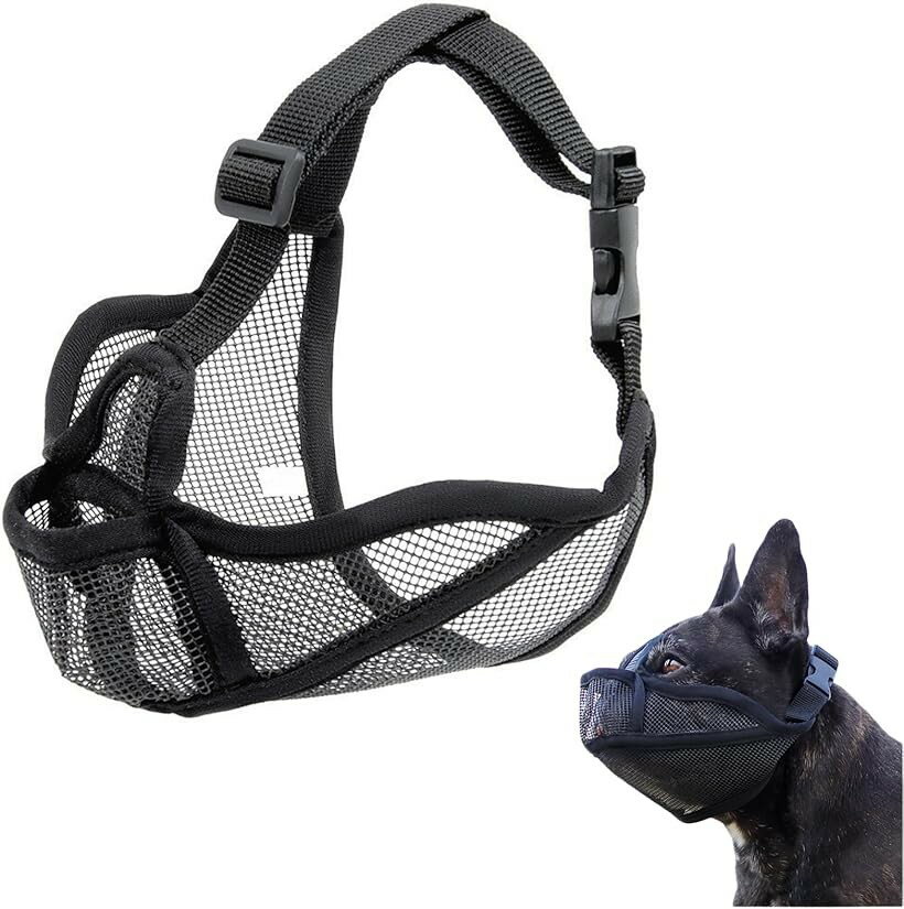 マズル 口輪 犬 メッシュ 短頭 ブルドッグ トレーニング (ブラック, XXS)