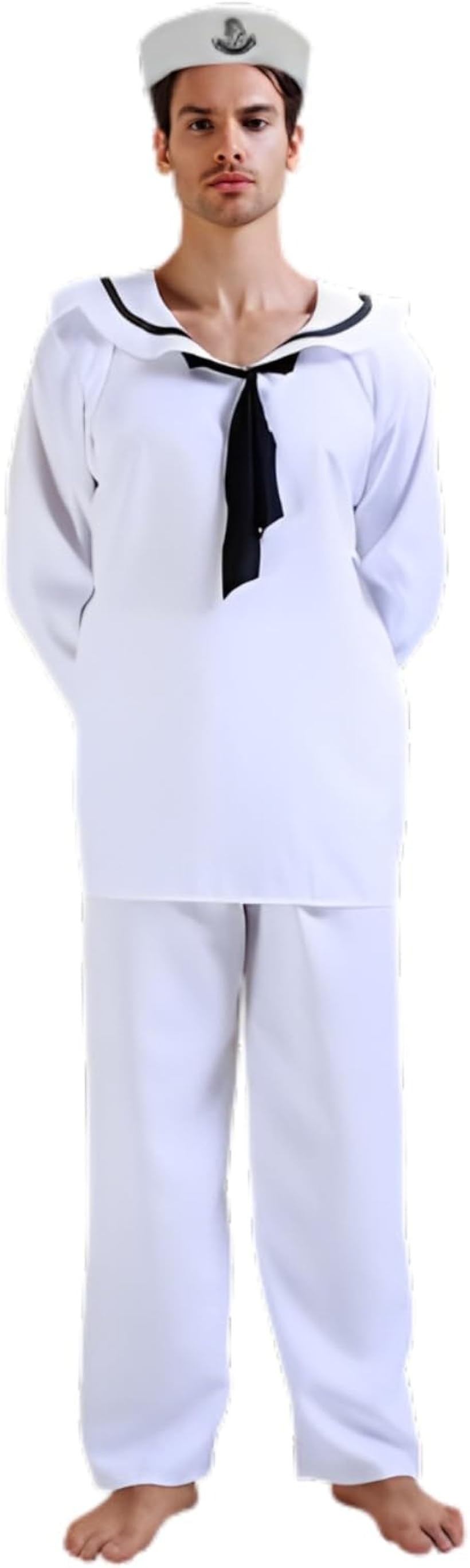 水兵 メンズ コスプレ セーラー 男性用 衣装 ハロウィン アンカー刺繍入り帽子 3点セット (ホワイト, シャツ/着丈約75cm 胸囲約120cm ..