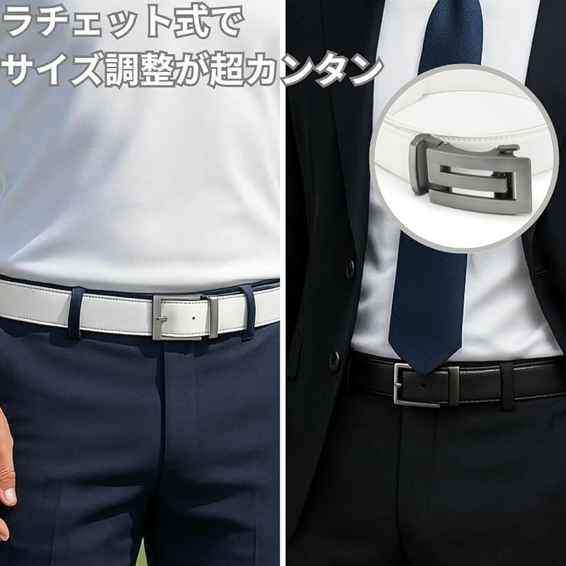 ホリックのベルト メンズ ゴルフ オートロック式ベルト 無段階調整 無段階スライド式 カット可 サイズ調整可能 ワンタッチ調整 本革 ビジネス カジュアル (ホワイト, 120cmx幅3.5cm)｜アングル3