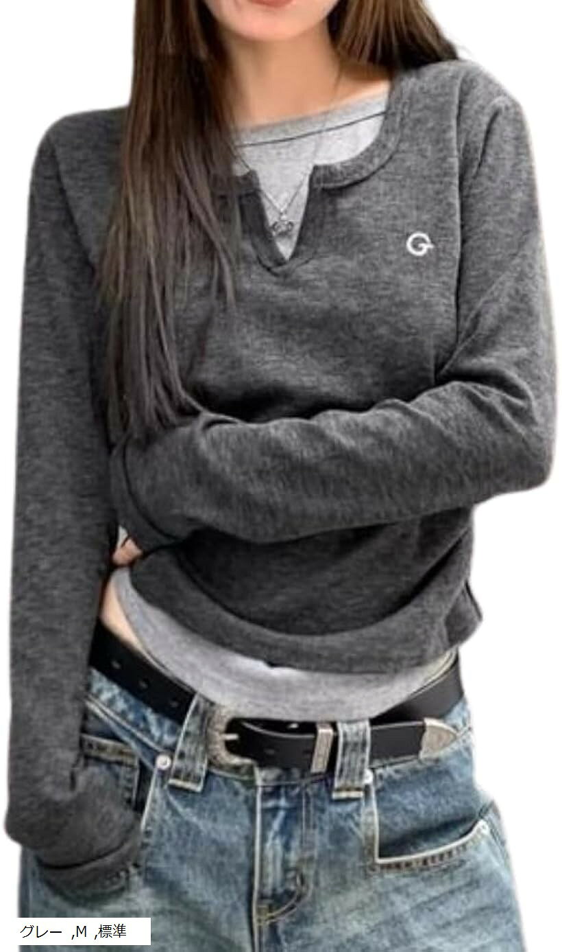 ロングTシャツ レディース 細身 シルエット レイヤード デザイン Vスリット トップス 長袖 スリムフィット Vネック カットソー 伸縮性 Y2K スタイル (グレー, M)
