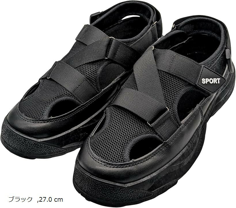メンズ スニーカーサンダル 厚底サンダル スポーツサンダル 屋外 黒 ベルト クッション (ブラック, 27.0 cm)