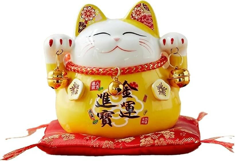 Coin Banks - 招き猫 貯金箱 開運 幸運 新築祝い 開店祝い 金運アップ 置物 商売繁盛 座布団付属 (イエロー, 中くらい)