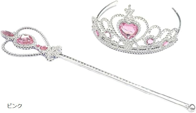 ティアラ ステッキ 子供 プリンセス 2点セット お姫様 魔法棒 おもちゃ キッズ 女の子 (ピンク, フリーサイズ)