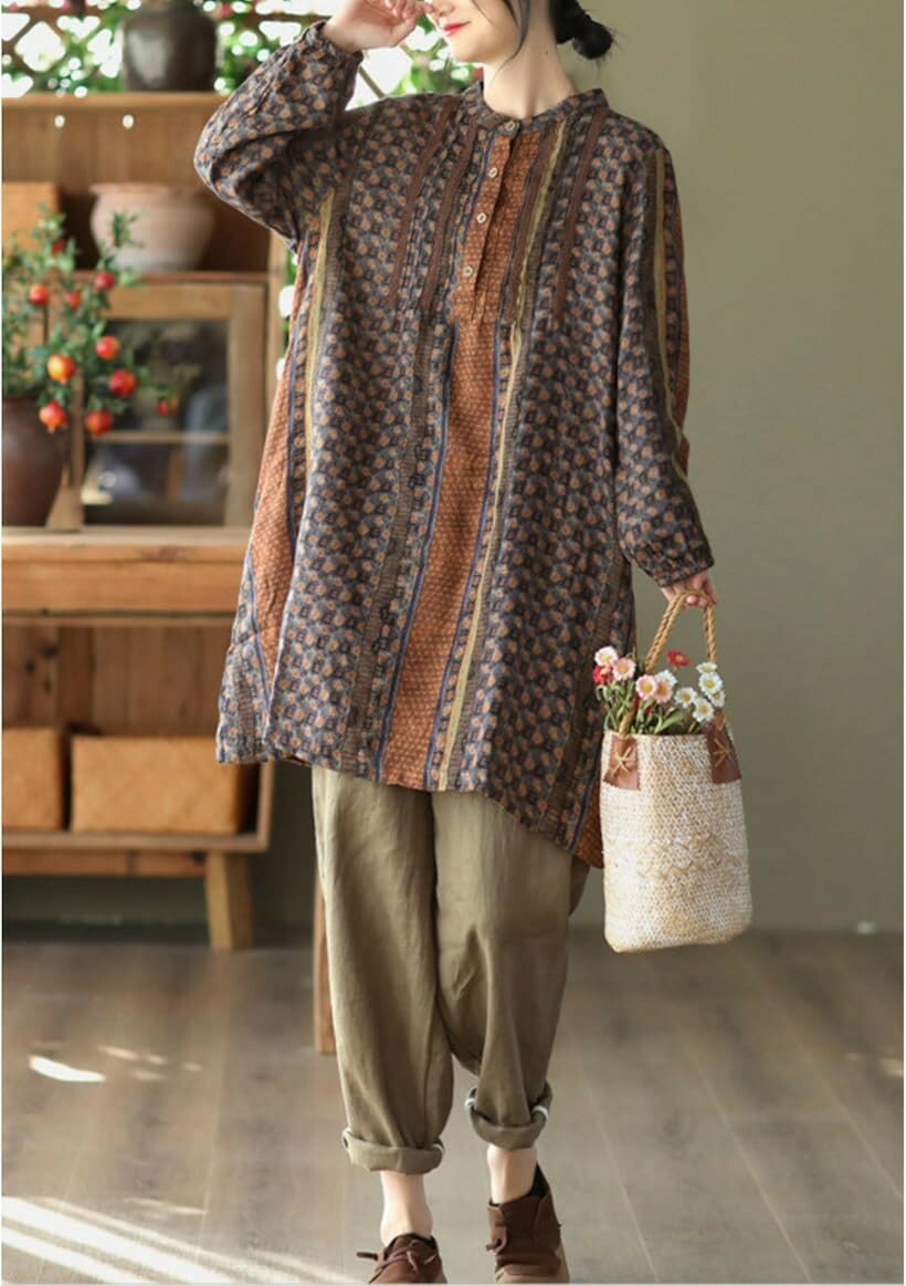 チュニック レディース ロングブラウス 長袖 レトロ調 リネン 麻 プルオーバー シック ゆったり 体型カバー 森ガール (ブラウン, XL)