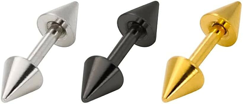 ピアス スパイク ニードル 3点セット シルバー ゴールド ブラック 18G ネジ切りポスト 人気アクセサリー (steel, 3mm径)