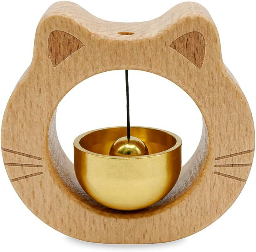 ドアベル 猫 鈴 木製 非電動式 玄関チャイム ドアチャイム 取付簡単 マグネット式 両面テープ付き ホーム用 店舗用 (ナチュラル, 小型)