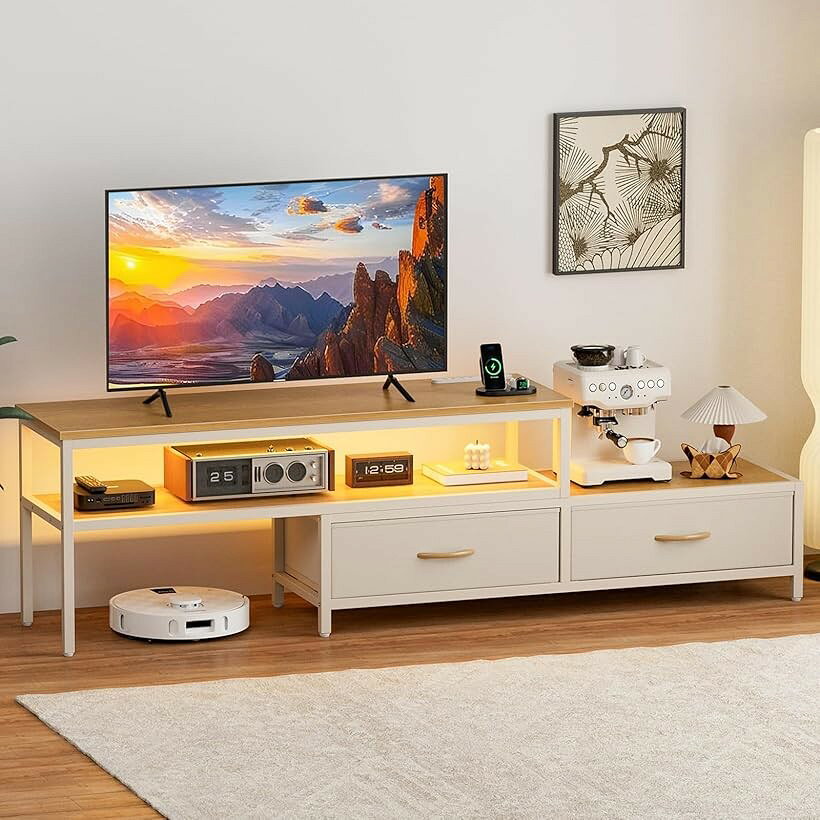 テレビ台 伸縮 テレビボード 収納チェスト ロータイプ 棚付き 引き出し ローボード ライト付き テレビラック ワイドチェスト 自由レイアウト 大容量収納 コーナータイプ 幅調整可能 (ベージュ, 幅100-190x奥行30x高さ42cm)