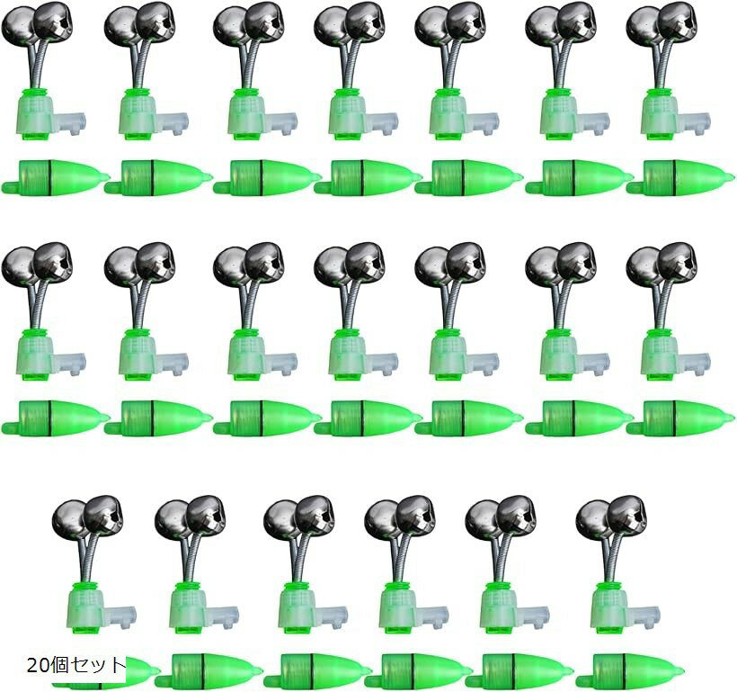 夜釣り用 光る LED搭載 クリップ式鈴 音と光でアタリ通知 釣り竿先用アラームベル 電池別売 (グリーン, 20個セット)