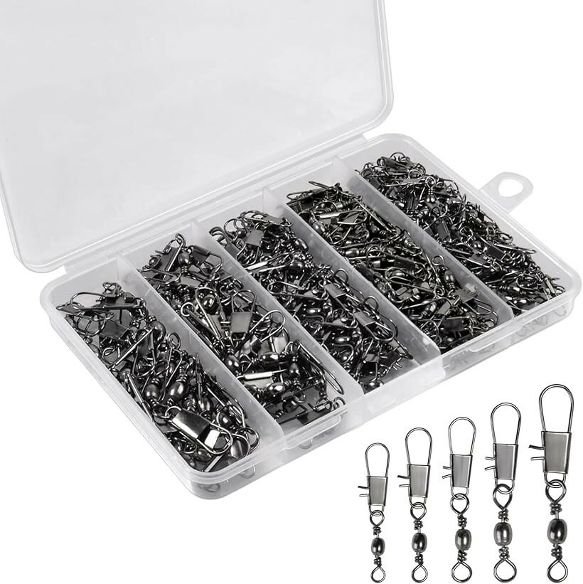 210点 高炭素鋼製 スイベル スナップ フィッシングスイベル スナップ付き バレルスイベル スナップコネクター 釣り小物 #2#4#6#7#8 対応 (ブラック)