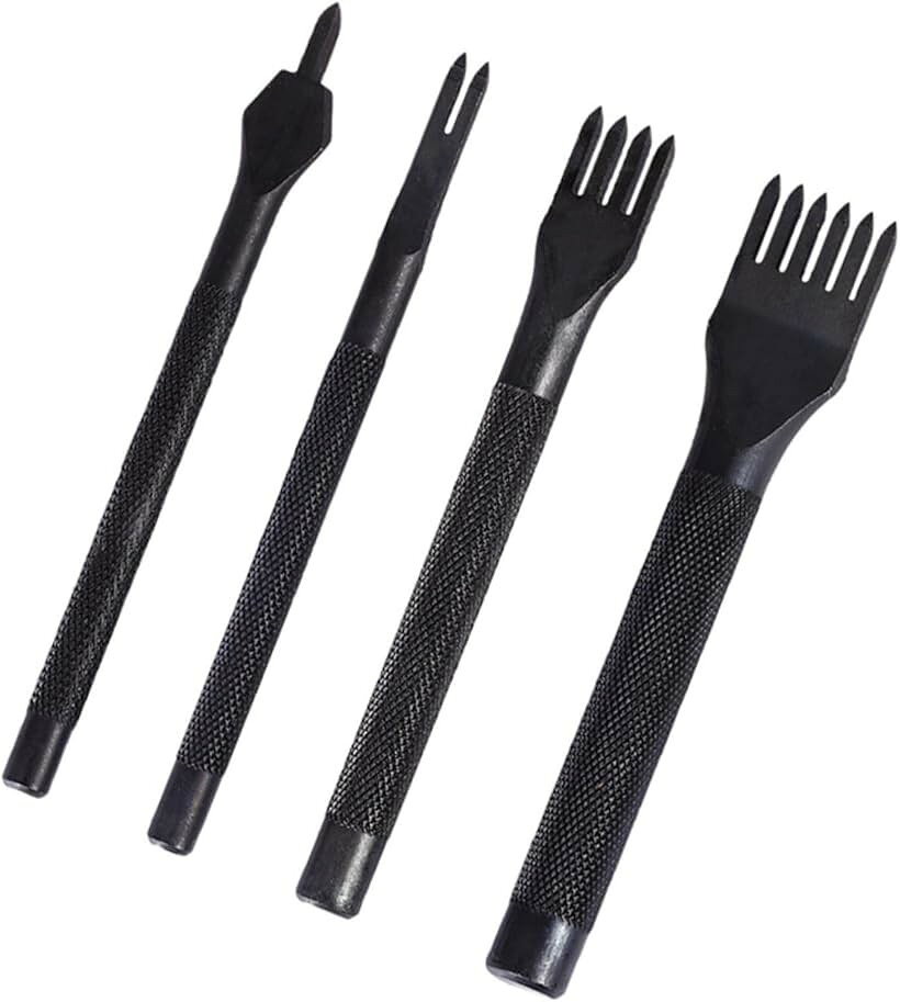 4点セット 菱目打ち丸穴 ポンチセット レザークラフト 革細工 穴あけ間隔 縫い穴 打ち具 (黒, 5mm)