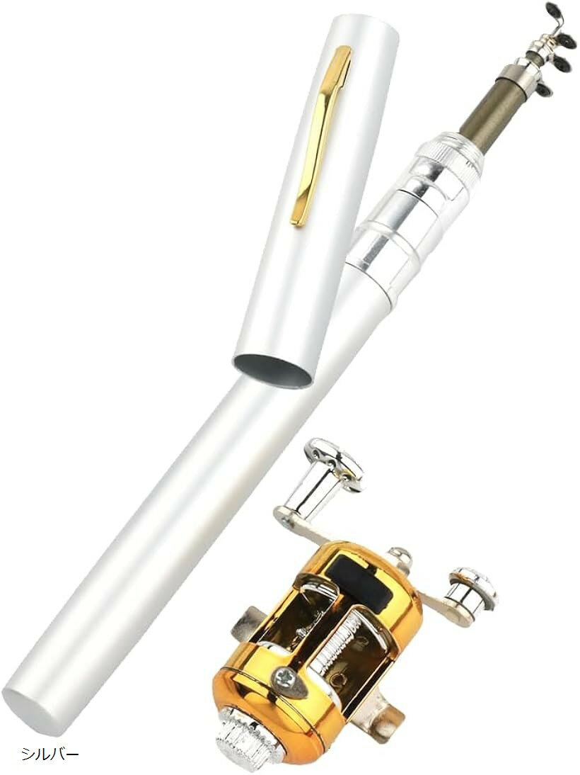 ペン型 釣り竿セット リール付き ミニロッド 軽量 コンパクト 携帯用 フィッシング ギア (シルバー, ロッドサイズ：収納時長さ/約20.5cm　最伸長時長さ/約96cm　直径：約1.5cm)