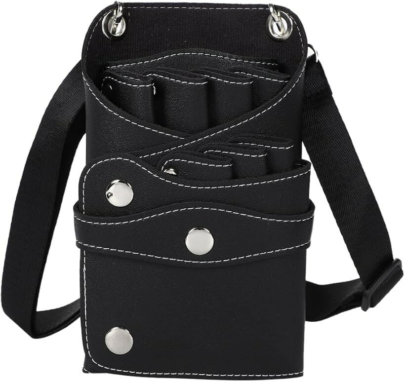 シザーケース 美容師 トリマー 理容師 7丁収納 黒 PUレザー シザーバッグ ベルト付 肩掛け 腰掛け対応 (ブラック)