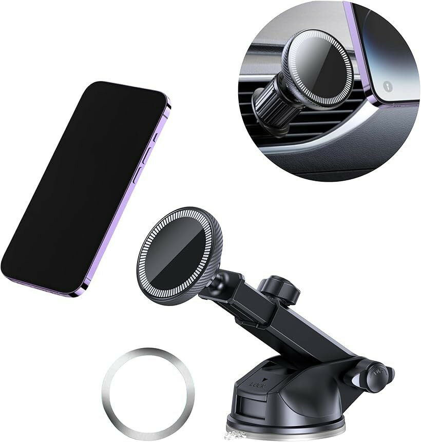 スマホホルダー 車用 2WAY取付 MagSafe対応 吸盤＆エアコン取付 伸縮アーム 片手操作 強力 マグネット 360度回転 (ブラック)
