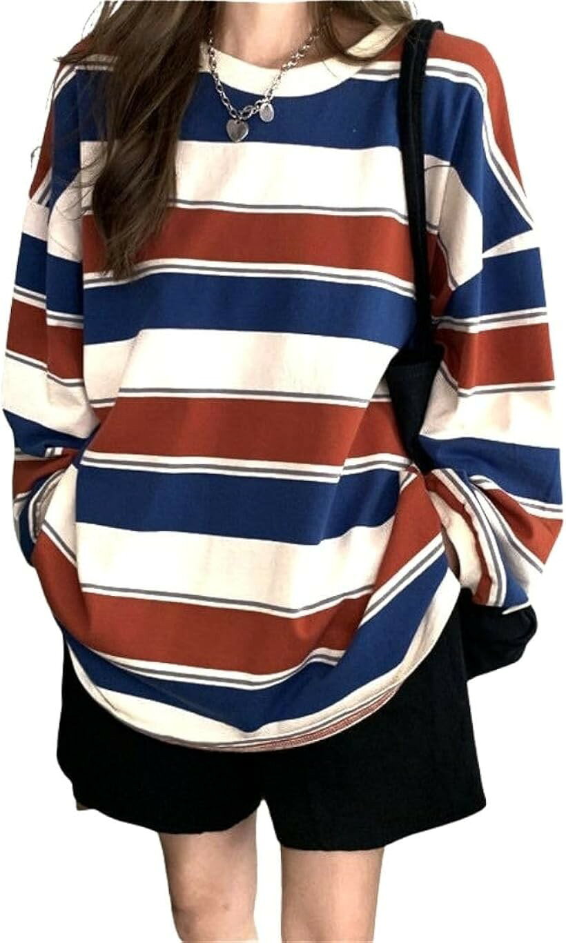 長袖 デザインTシャツ ボーダー ゆったり レディース (A.レッド, XL)