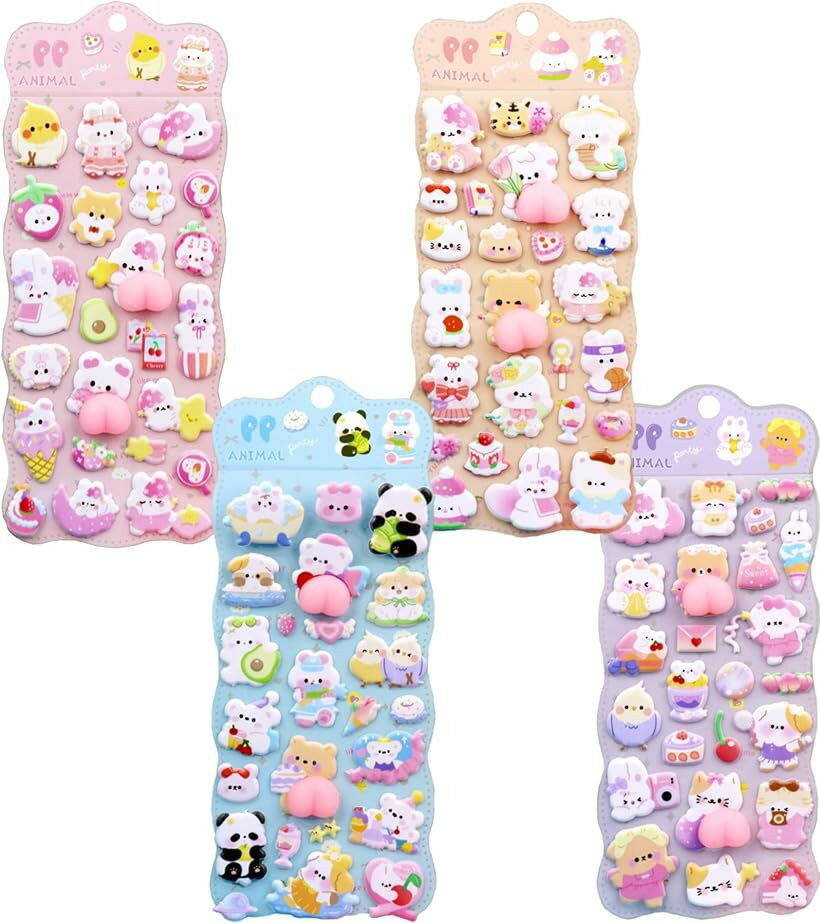 お尻シール 3D 立体 ぷにぷに もちもち ぷくぷく 手帳 スマホ かわいい 動物 4種類 4枚セット デコレーション ぱんだ うさぎ やぎ ねこ くま ファンシー系 アニマル ステッカー 貼る おもちゃ (パステルカラー)