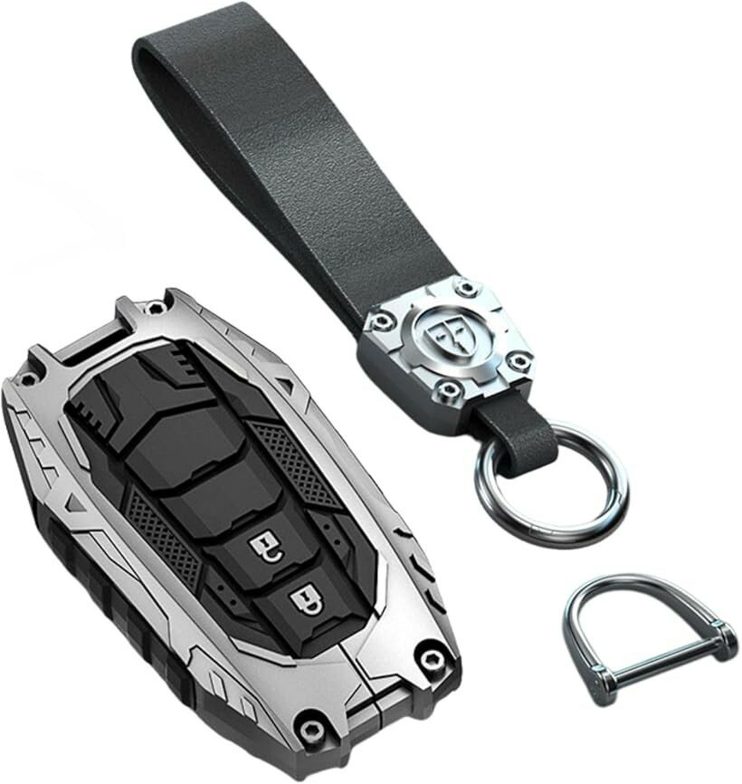 トヨタ互換 スマートキーカバー Fタイプ 亜鉛合金製ハードフレーム x 軟質シリコン 蓄光タイプ 電波スルー構造 落下防止 ストラップ付き キーケース 耐衝撃 カスタム パーツ (2ボタン， シルバー)