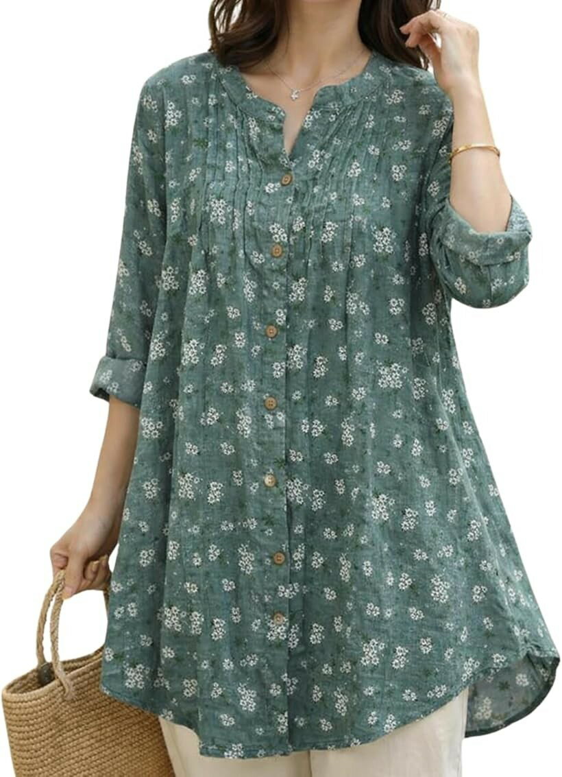 アイボリー チュニック ブラウス レディース トップス 花柄 七分袖 薄手 コットン ゆったり ロングシャツ Aライン きれいめ シンプル カジュアル ワンピース 春 夏 (グリーン, M)