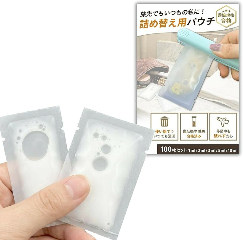 バリエーションコード : 2brgfxdhgq商品コード2brgf9ygix商品名大容量100個入り 熱圧着 パウチ トラベルボトル 旅行用グッズ 詰め替え 旅行 便利グッズブランドChicerカラーホワイトサイズ等3ml，100個セット「旅行・出張の液体小分けに」シャンプー・トリートメントなどを必要な分だけ小分けにできるパウチ容器です。ボトルより薄くかさばりにくいため、スーツケースやポーチ内のスペースを有効活用しやすい設計です。「豊富なバリエーション」1ml・2ml・3ml・5ml・10mlの5サイズ展開。混載セット（各20個・計100個）のほか、各サイズ100個入り単品もご用意。用途や旅行日数に合わせてお選びいただけます。「熱圧着で密封しやすい構造」市販のヒートシーラー（ハンディシーラー）で開口部を熱圧着すれば、液漏れしにくい密封状態に。水分の多い液体の持ち運びをサポートします。＊シーラーは別売りです。「使い切りで衛生的」1回分ずつ小分けすることで、旅先で使い切りやすく衛生面にも配慮。帰りの荷物を軽くしたい方や、ボトルの洗浄が面倒な方にもおすすめです。クリームケースや詰め替え容器の代替としてもご活用いただけます。「ご購入前のご確認」各サイズの容量は目安です（1ml≒小さじ約1/5）。粘度の高いクリーム状の内容物は充填・取り出しがしにくい場合があります。熱圧着にはハンディシーラー等の加熱器具が別途必要です。パウチのみの販売となりますのでご注意ください。※ 他ネットショップでも併売しているため、ご注文後に在庫切れとなる場合があります。予めご了承ください。※ 品薄または希少等の理由により、参考価格よりも高い価格で販売されている場合があります。ご注文の際には必ず販売価格をご確認ください。※ 沖縄県、離島または一部地域の場合、別途送料の負担をお願いする場合があります。予めご了承ください。※ お使いのモニタにより写真の色が実際の商品の色と異なる場合や、イメージに差異が生じることがあります。予めご了承ください。※ 商品の詳細（カラー・数量・サイズ 等）については、ページ内の商品説明をご確認のうえ、ご注文ください。※ モバイル版・スマホ版ページでは、お使いの端末によっては一部の情報が表示されないことがあります。すべての記載情報をご確認するには、PC版ページをご覧ください。