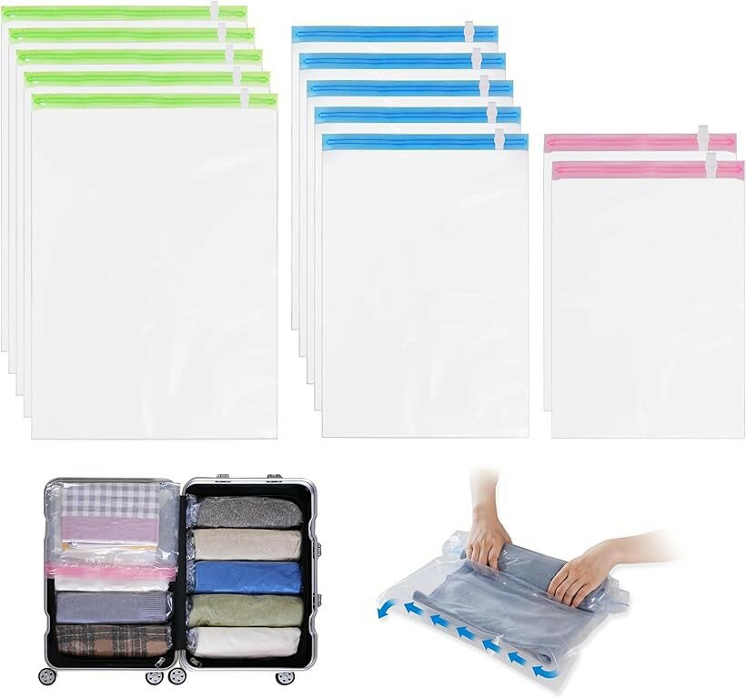 Vacuum Pack Bags - 圧縮袋 旅行 衣類圧縮袋 約80％圧縮 真空あっしゅく袋 洋服 ダウン アウター 掃除機不要 手巻き 防カビ 防虫 衣替え 収納 トラベル 出張 (グリーン、ブルー、ピンク 12枚, 50x70cm， 40x60cm， 35x50cm)