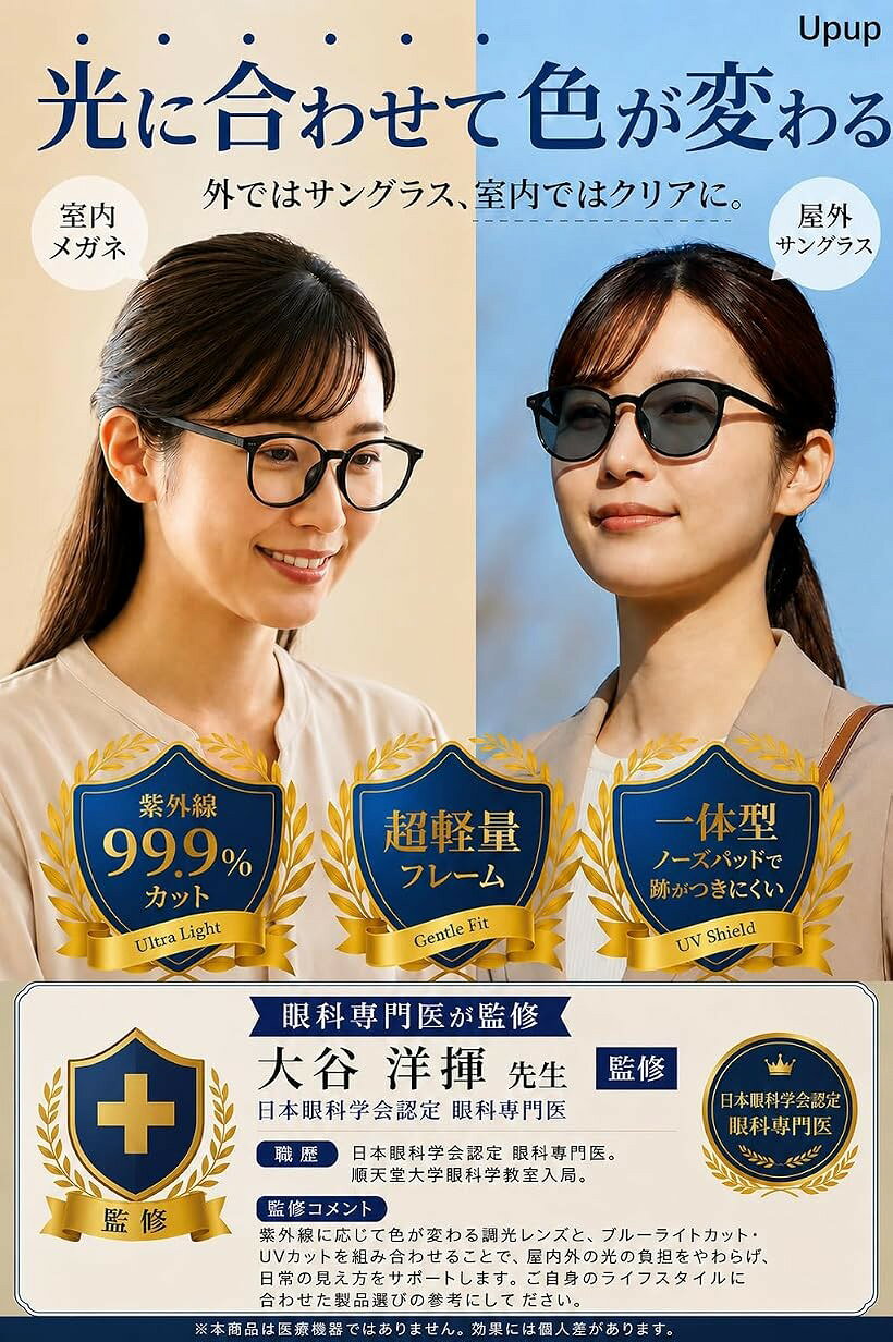 ホリックの眼科医師監修 ブルーライトカットメガネ サングラス 調光レンズ 伊達メガネ 紫外線カット 超軽量 室内透明・屋外サングラス 度なし 男女兼用 (ブラック, Free Size)｜アングル2