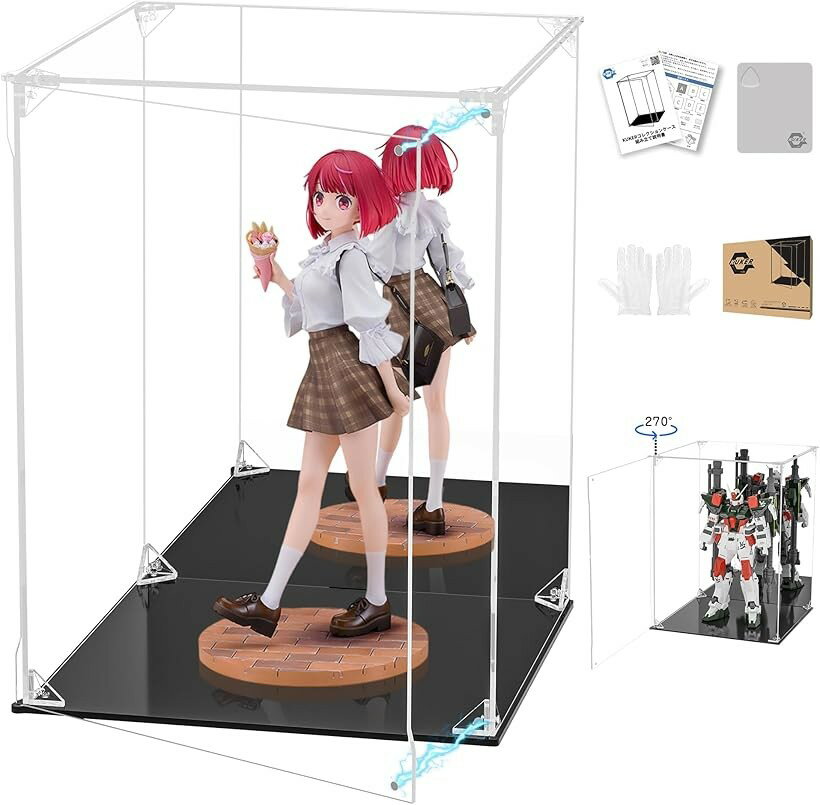 Showcases - フィギュアケース UVカット アクリルケース マグネット付き 前扉 コレクションケース ディスプレイケース ショーケース 組み立て式 防汚れ 手袋 クリーニングクロス付き (台座黒+背面ミラー, 幅25x奥行25x高さ35cm)