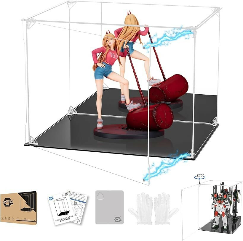 Collection Cases - フィギュアケース UVカット アクリルケース マグネット付き 前扉 コレクションケース ディスプレイケース ショーケース 組み立て式 防汚れ 手袋 クリーニングクロス付き (台座黒+背面ミラー, 幅40x奥行30x高さ30cm)
