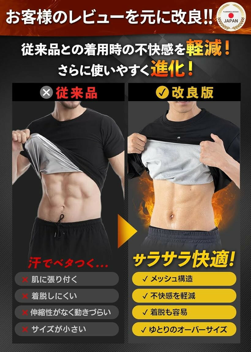 裏地メッシュで爽快大量発汗 サウナスーツ 半袖 メンズ tシャツ 洗濯可 (ブラック, S) 3